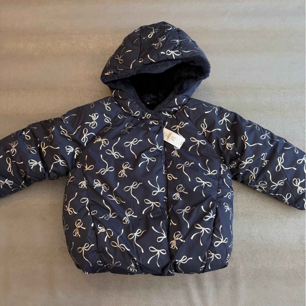 Baby Gap Chic Navy Puffer Jacket with Bow Design. Size 4-T